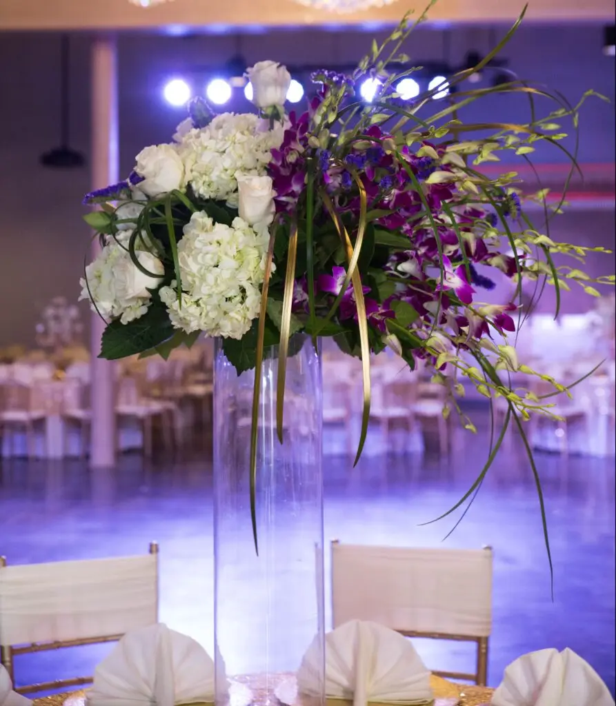 Elegant ballroom setup with premium decorations included in the Decor package from DFW Celebrations. Perfect for private events, weddings, and special occasions in our luxurious event venue and banquet hall.
