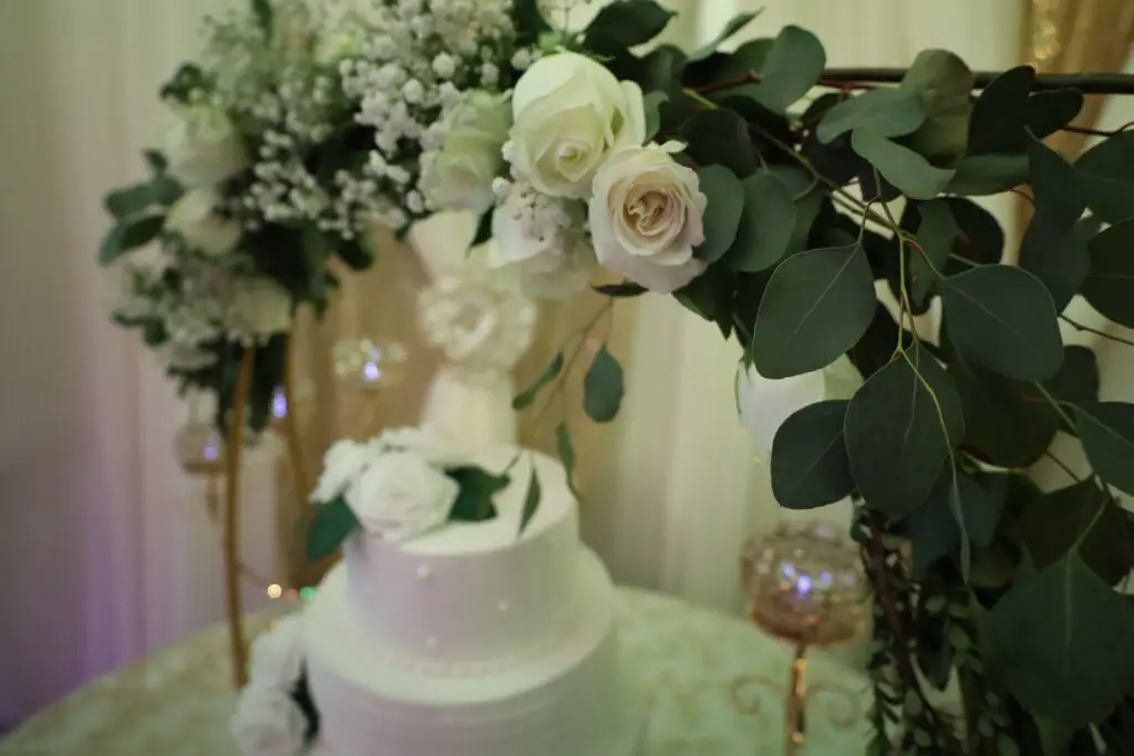 Beautifully decorated wedding ceremony setup in a ballroom at DFW Celebrations, featuring elegant decor and seating arrangements. Perfect for private events in a premier event venue and banquet hall.