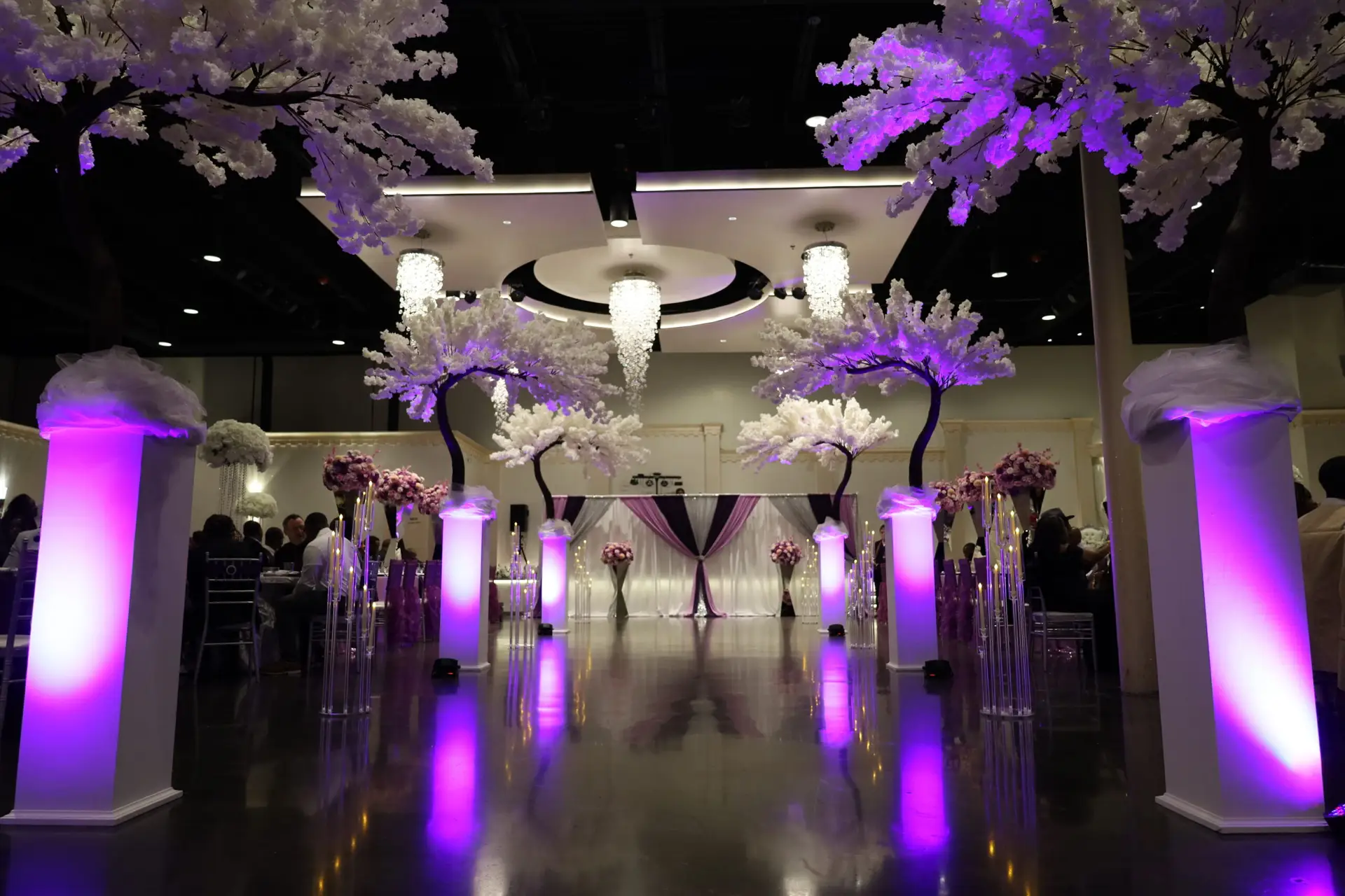 Beautifully decorated wedding ceremony setup in a ballroom at DFW Celebrations, featuring elegant decor and seating arrangements. Perfect for private events in a premier event venue and banquet hall.