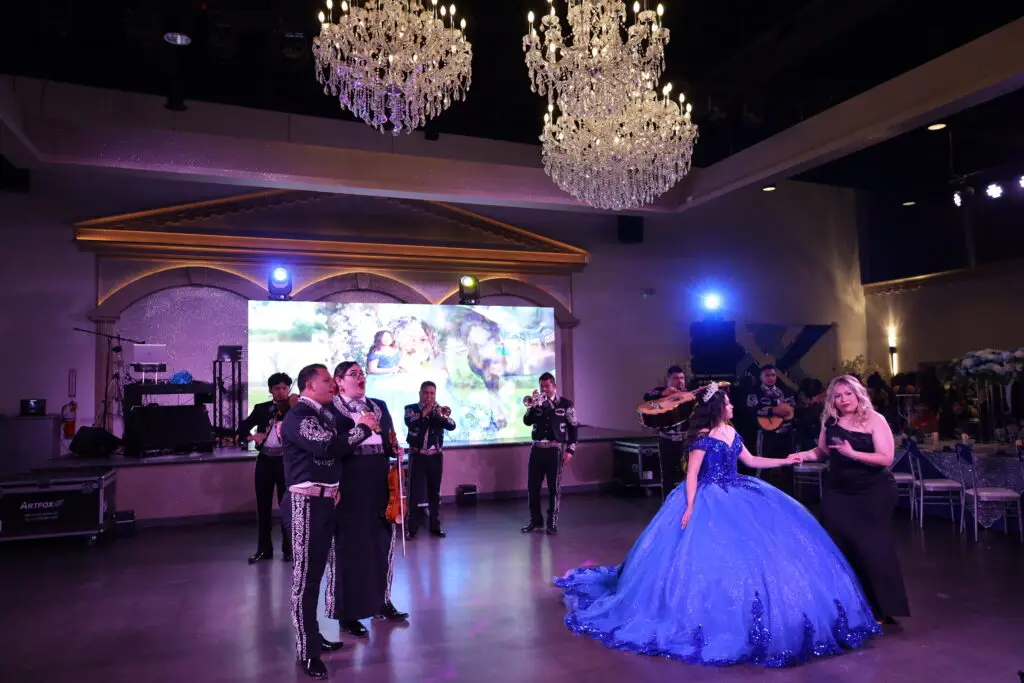 Elegant entertainment stage positioned front and center in a luxurious ballroom, featuring state-of-the-art lighting and sound for captivating performances at any event.